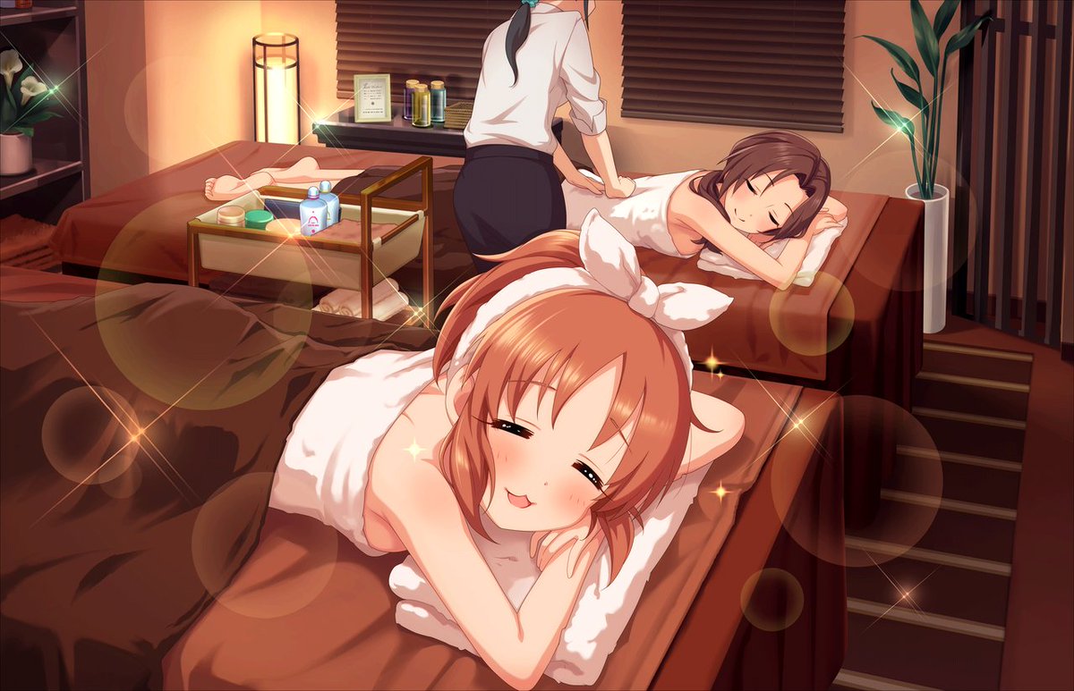 3girls :3 abe_nana black_hair blush breasts brown_hair closed_eyes feet flower_pot hairband idolmaster idolmaster_cinderella_girls idolmaster_cinderella_girls_starlight_stage lens_flare lotion_bottle massage medium_hair multiple_girls naked_towel official_art orange_hair picture_frame plant ponytail potted_plant sideboob sleeves_rolled_up towel
