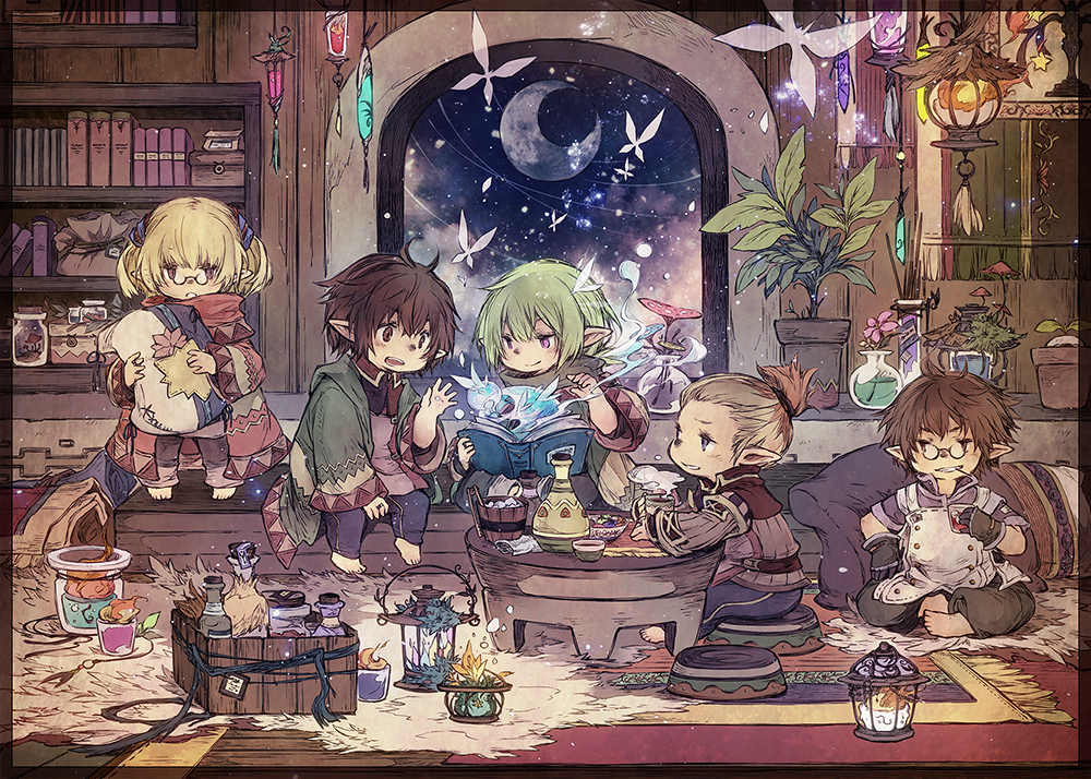 1girl 4boys apron blonde_hair book bookshelf bottle brown_hair carpet crescent_moon cup drink drinking_glass final_fantasy final_fantasy_xi fujiwara_akina glasses gloves green_hair hand_up indoors lantern magic moon multiple_boys night open_mouth pillow plant pointy_ears potted_plant reading sitting star_(sky) steam tarutaru two_side_up