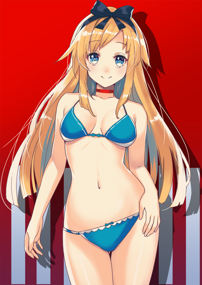 1girl artist_request blonde_hair blue_eyes bow bow_panties choker contrapposto hair_bow hand_on_hip long_hair navel panties smile solo swimsuit underwear
