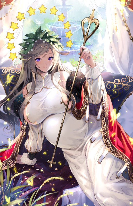 1girl breasts butterfly dress fountain gown head_wreath large_breasts leaf_wreath leaning long_hair long_sleeves looking_at_viewer original pregnant robe scepter silver_hair smile solo star tarot the_empress throne violet_eyes wheat yuuhi_homare