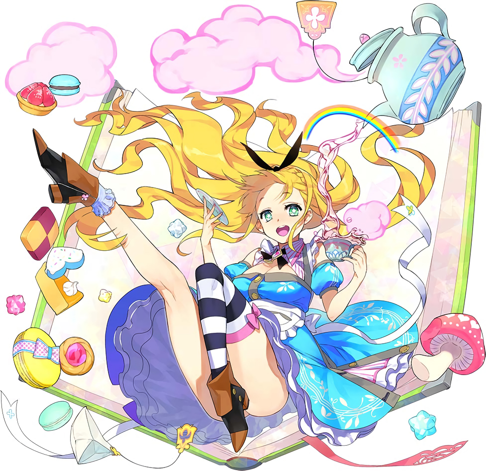 1girl asymmetrical_legwear blonde_hair book braid breasts bright_pupils candy cleavage cookie cup detached_sleeves dress_shirt floating_hair food french_braid giant_object green_eyes holding long_hair looking_at_viewer mansu mushroom open_mouth pouring rainbow round_teeth shirt simple_background single_thighhigh solo splashing star star-shaped_pupils striped striped_legwear symbol-shaped_pupils teacup teapot teeth thigh-highs white_background