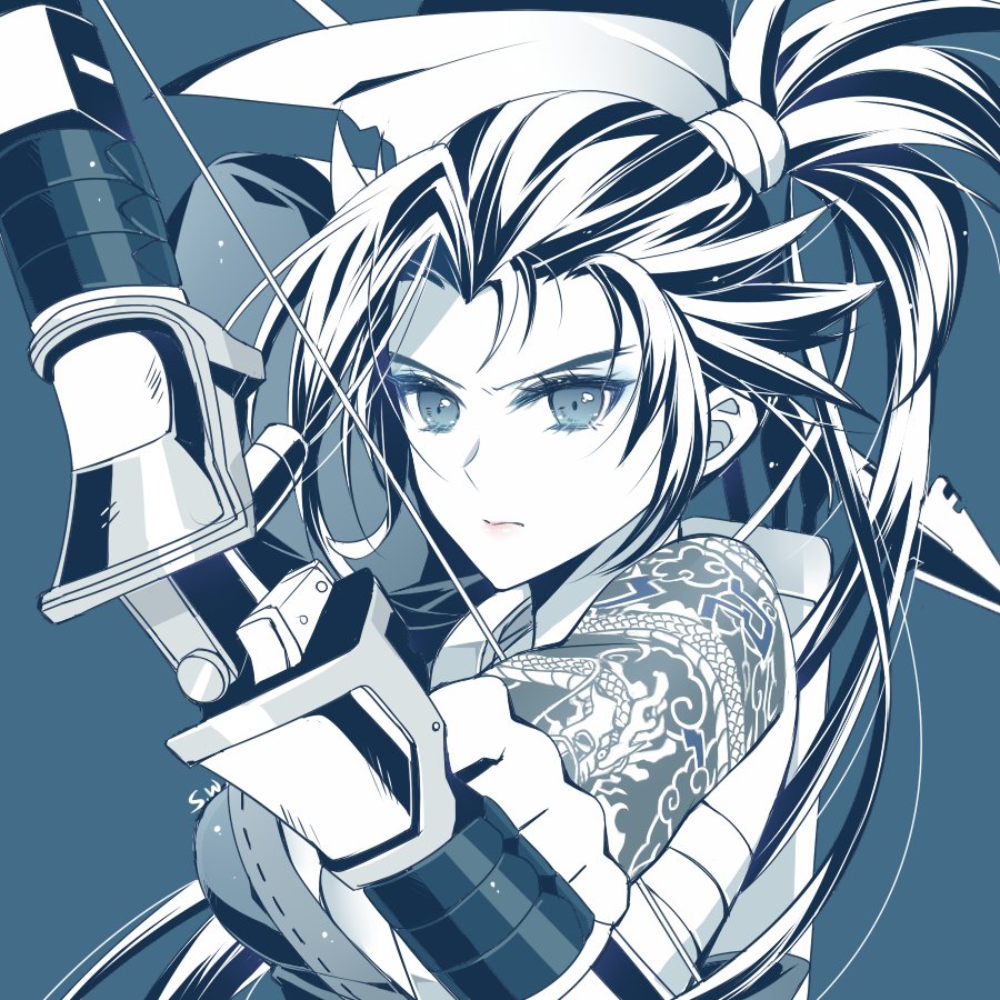 1girl arm_tattoo artist_name asymmetrical_clothes atobesakunolove bare_shoulders blue_background bow bow_(weapon) breasts closed_mouth eyelashes female genderswap genderswap_(mtf) hair_ornament hair_ribbon hair_tie hairband hanzo_(overwatch) holding holding_bow_(weapon) holding_weapon japanese_clothes long_hair monochrome overwatch pointing ponytail ribbon simple_background solo tattoo weapon