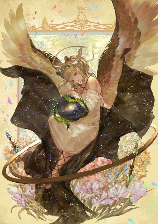 1girl animal_ears ankle_lace-up ball bangs blonde_hair cape constellation criss-cross_halter cross-laced_footwear dress feathered_wings floating flower galaxy gown halo halter_top halterneck head_tilt horns leaf looking_at_viewer n.a. olive_wreath original petals ribbon sidelocks solo tarot the_world_(tarot_card) toes wings