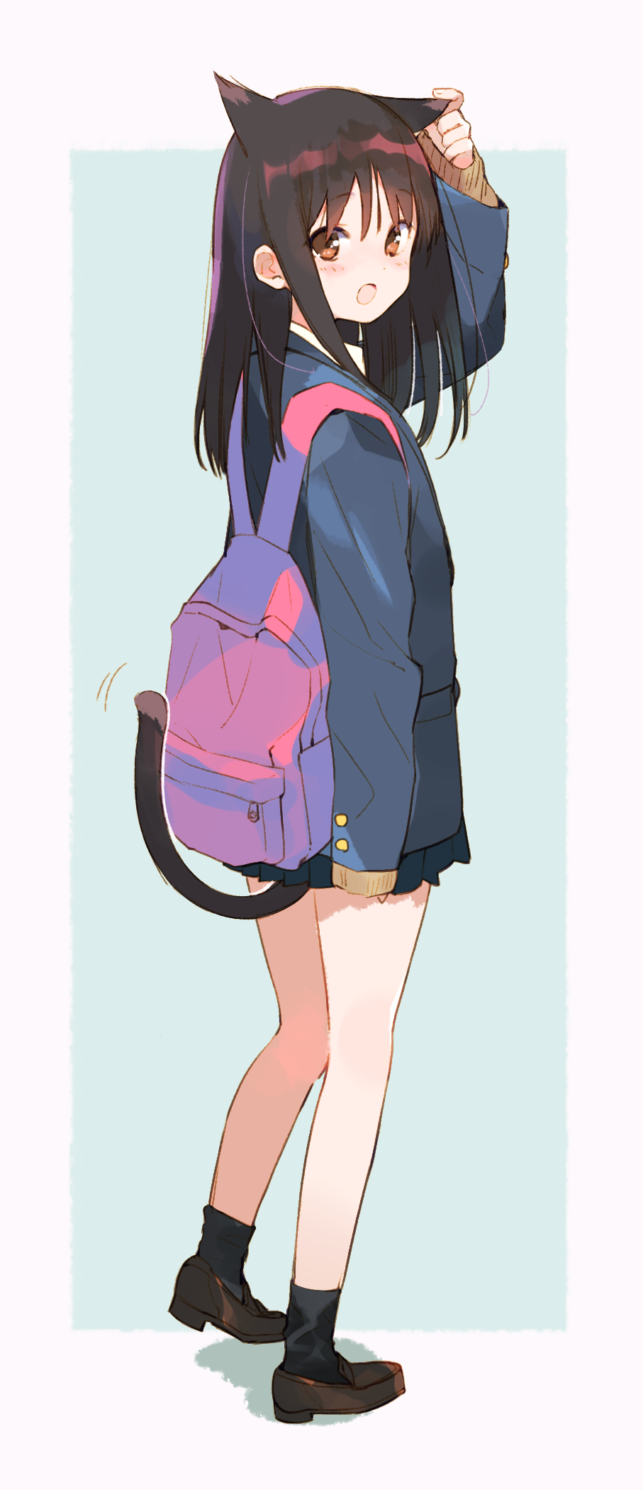 1girl :o animal_ears arm_at_side backpack bag black_hair black_legwear blazer blue_jacket blue_skirt blush brown_eyes brown_hair brown_shoes cat_ears cat_girl cat_tail collared_shirt eyebrows_visible_through_hair fingernails from_side fujisawa_machi full_body hand_up highres holding_ears jacket loafers long_hair long_sleeves looking_at_viewer miniskirt motion_lines original outside_border pleated_skirt pocket school_uniform shadow shirt shoes skirt sleeves_past_wrists socks solo standing sweater tail white_shirt