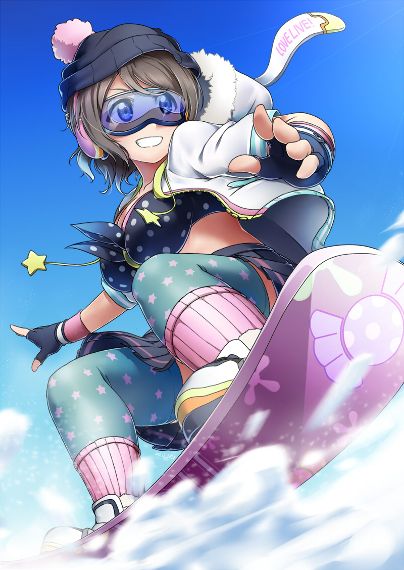 1girl animal_hood beanie bikini_top blue_eyes boots bunny_hood coat condensation_trail day fingerless_gloves foreshortening front-tie_top fur_trim gloves goggles grey_hair grin hat headphones hood hood_down love_live! love_live!_school_idol_festival love_live!_sunshine!! polka_dot print_legwear shiimai short_hair smile snow snowboard snowboarding solo star star_print thigh-highs watanabe_you wireless