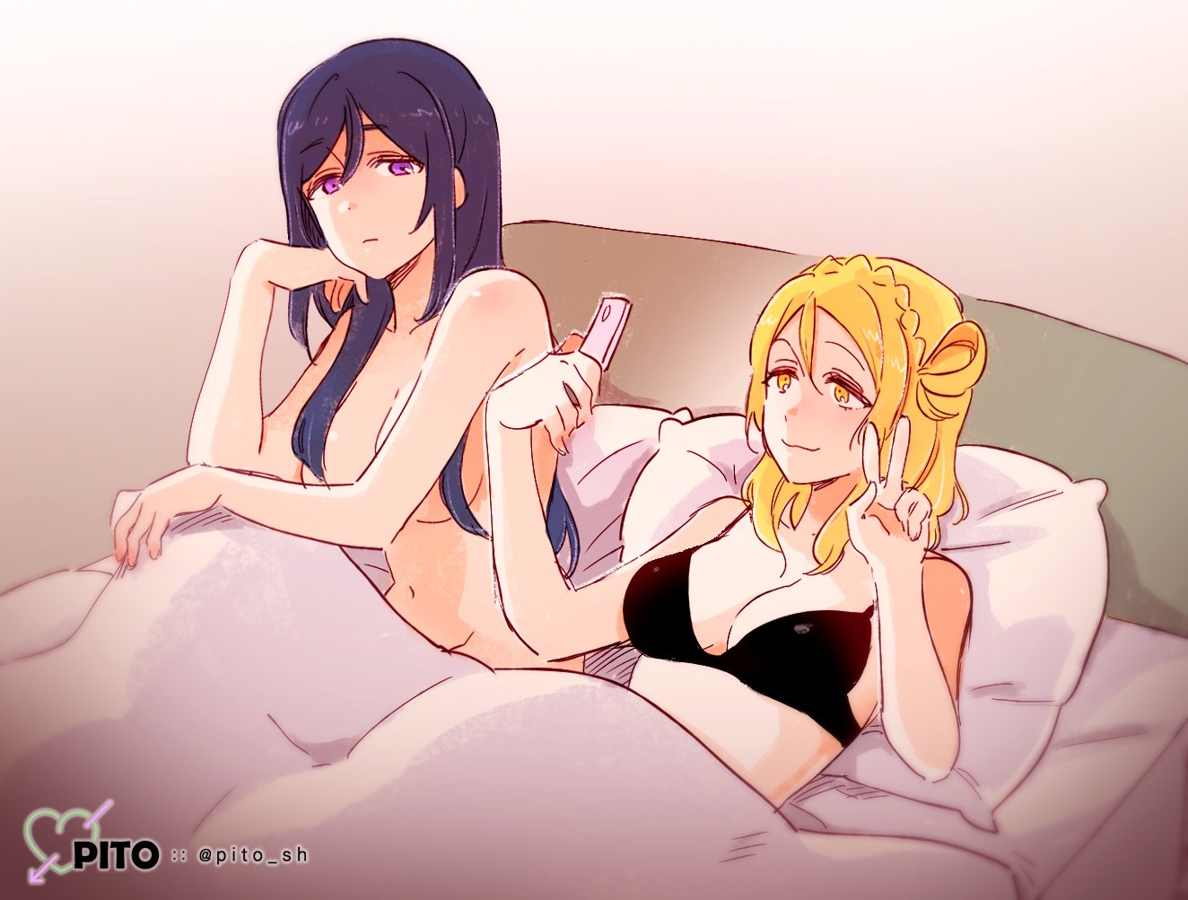 2girls artist_name bed black_bra blonde_hair bra braid breasts cellphone chin_rest cleavage commentary_request crown_braid hair_down hair_over_breasts hair_rings light_frown long_hair love_live! love_live!_sunshine!! matsuura_kanan multiple_girls navel nude ohara_mari phone pillow pito_(sh02327) purple_hair self_shot shared_blanket smartphone smile topless twitter_username under_covers underwear v violet_eyes yellow_eyes yuri