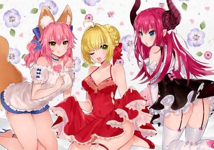 &gt;:o 3girls :o :q ;d ahoge animal_ears back bangs bare_arms bare_legs bare_shoulders black_dress blonde_hair blouse blue_bow blue_eyes blue_shoes blue_skirt blush boots bow braid breasts candy choker cleavage covered_navel detached_sleeves dress elizabeth_bathory_(fate) elizabeth_bathory_(fate)_(all) eyelashes fate/extra fate_(series) floral_background food fox_ears fox_tail frills garter_straps green_eyes hair_bow hair_intakes heart high_heel_boots high_heels holding holding_food horns kneeling lace lace-trimmed_dress lace-trimmed_shorts lace_trim large_breasts lollipop long_hair looking_at_viewer medium_breasts microdress microskirt miyako_(xxxbibit) multiple_girls nero_claudius_(fate) nero_claudius_(fate)_(all) off_shoulder one_eye_closed open_mouth petticoat pink_bow pink_flower pink_hair pointy_ears polka_dot polka_dot_bow puffy_short_sleeves puffy_sleeves purple_flower red_bow red_dress red_shoes ribbon seiza shoes short_dress short_sleeves side_cutout sidelocks sitting skirt skirt_hold sleeveless sleeveless_dress smile spaghetti_strap stuffed_animal stuffed_pig stuffed_toy tail tamamo_(fate)_(all) tamamo_no_mae_(fate) thigh-highs thigh_strap tongue tongue_out two_side_up wavy_hair white_background white_blouse white_boots white_bow white_legwear white_ribbon yellow_eyes