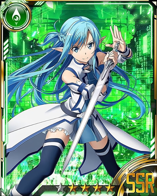 1girl asuna_(sao-alo) blue_eyes blue_hair blue_legwear card_(medium) detached_sleeves holding holding_sword holding_weapon long_hair looking_at_viewer matching_hair/eyes pleated_skirt pointy_ears skirt smile solo star sword sword_art_online thigh-highs weapon zettai_ryouiki