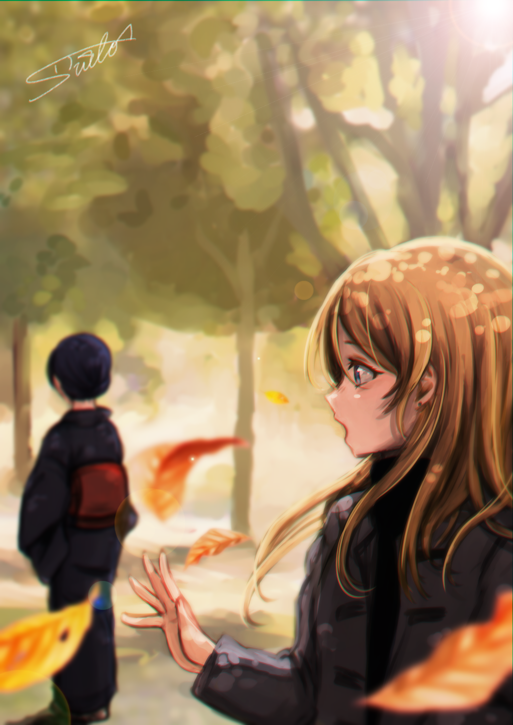 2girls autumn_leaves ayase_eli blonde_hair blue_eyes blue_hair blurry_background coat hair_down hair_up highres japanese_clothes kimono lens_flare lilylion26 long_sleeves love_live! love_live!_school_idol_project multiple_girls obi open_mouth sash signature sonoda_umi
