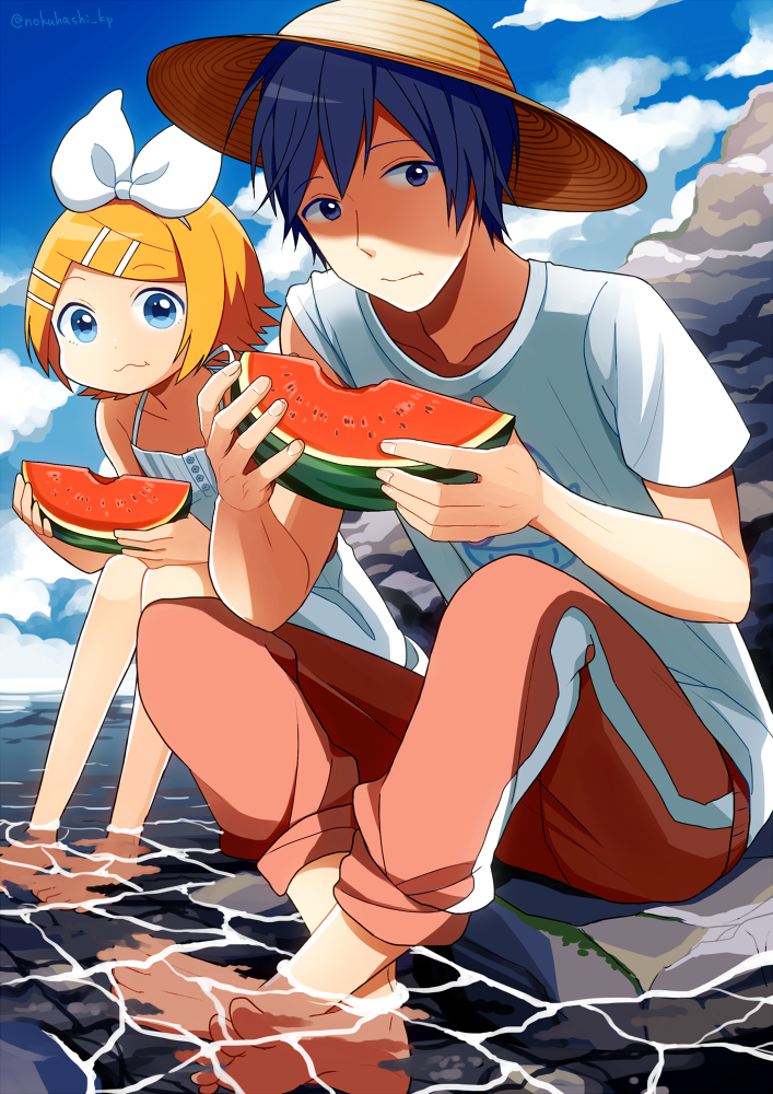 1boy 1girl barefoot beach blonde_hair blue_eyes blue_hair bow clouds day eating food fruit hair_ornament hairclip hat holding holding_fruit kagamine_rin kaito looking_at_viewer nokuhashi outdoors partially_submerged rock shirt short_hair sitting sky summer sun_hat vocaloid water watermelon