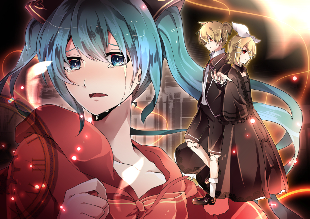 1boy 2girls aqua_eyes aqua_hair bad_end_night_(vocaloid) black_clothes black_dress black_jacket black_shoes blonde_hair bow capelet clock crying crying_with_eyes_open doll_joints dress feathers hair_bow hair_ribbon hatsune_miku jacket kagamine_len kagamine_rin lens_flare light_particles light_rays long_dress long_hair multiple_girls outstretched_hand red_eyes ribbon shirt shoes short_hair short_ponytail socks sparkle tears twintails very_long_hair vocaloid yuken
