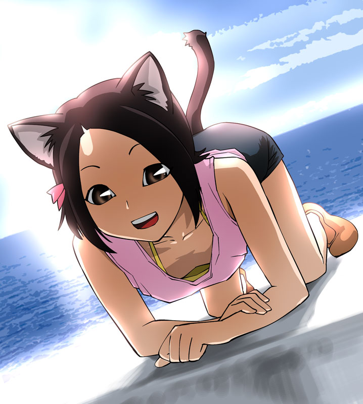 animal_ears beach black_hair bow brown_eyes cat_ears down_blouse flat_chest hair_bow kaminogi_haruka noein ocean short_hair sky smile tail tank_top ueyama_michirou