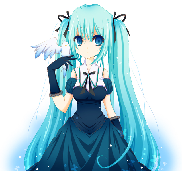 bird bird_on_hand birds blue_eyes bow dress gloves hair_bow hair_ribbon hair_ribbons hatsune_miku long_hair ribbon ribbons sen_hitoha twintails vocaloid