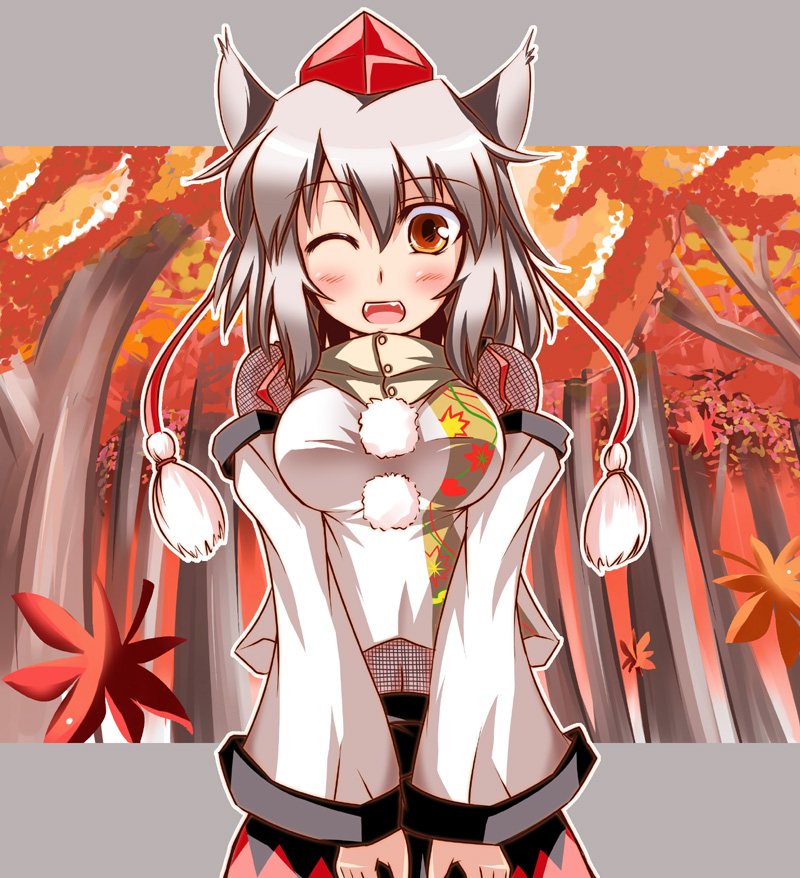 #1 animal_ears breasts brown_eyes detached_sleeves fishnets forest hat inubashiri_momiji large_breasts leaf nature navel short_hair silver_hair solo tokin_hat tokiniwa touhou wink wolf_ears