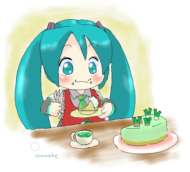 apron bib cake chibi chunake eating food food_on_face hatsune_miku long_hair oekaki pastry puffy_cheeks spring_onion tea twintails vocaloid