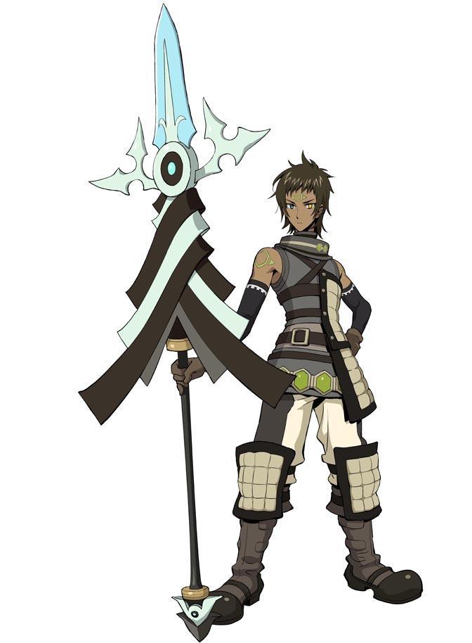 .hack//link albireo armor bare_shoulders boots brown_hair elbow_gloves facial_mark forehead_mark gloves heterochromia official_art polearm spear strap tan tattoo weapon