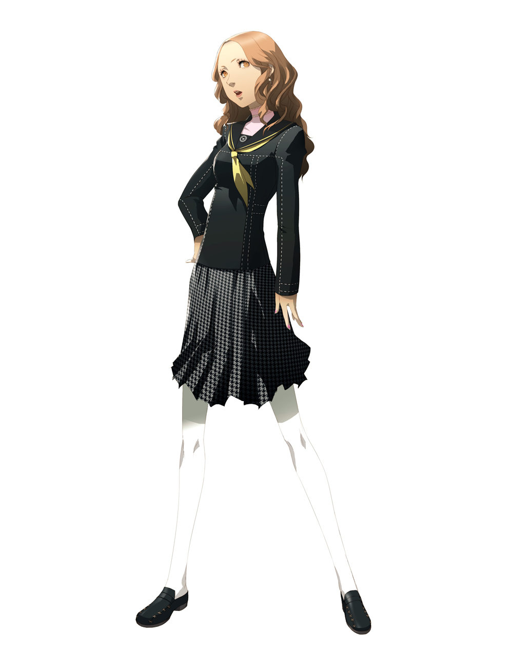 brown_hair curly_hair ebihara_ai highres official_art pantyhose persona persona_4 school_uniform serafuku shigenori_soejima skirt soejima_shigenori white_legwear white_pantyhose