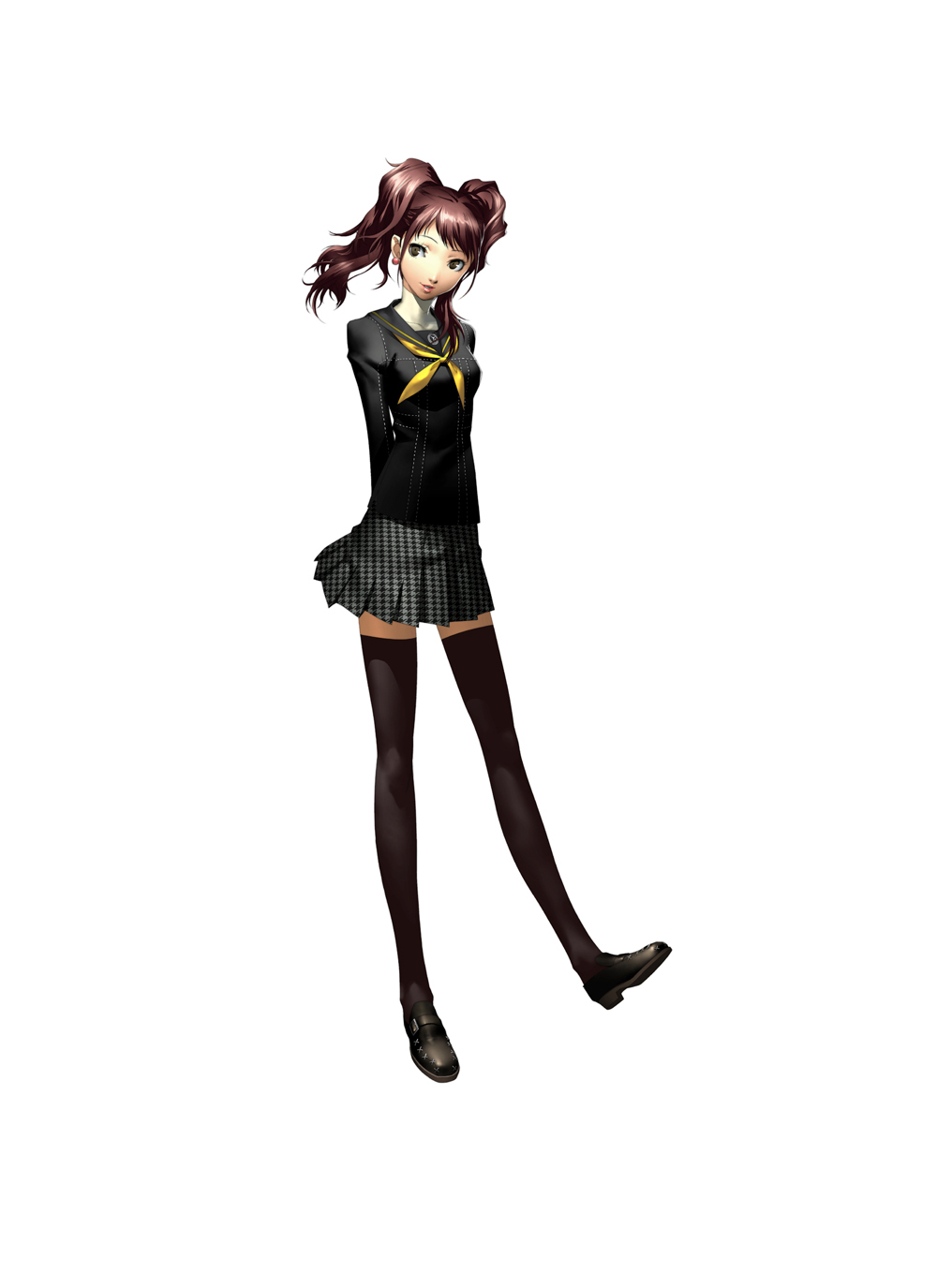 arms_behind brown_eyes earrings highres jewelry kujikawa_rise official_art persona persona_4 red_hair redhead school_uniform shigenori_soejima skirt smile soejima_shigenori thigh-highs thighhighs twintails