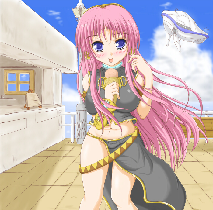 breasts erect_nipples food ice_cream large_breasts long_hair megurine_luka midriff navel pink_hair qy tongue vocaloid