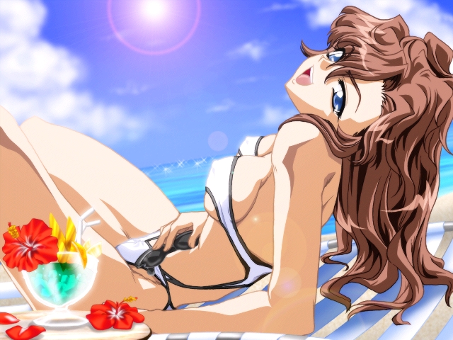 bikini blue_eyes brown_hair drink flower game_cg gyakutama holding holding_sunglasses lens_flare long_hair lounge_chair lying sakurai_yuuichi sunglasses swimsuit