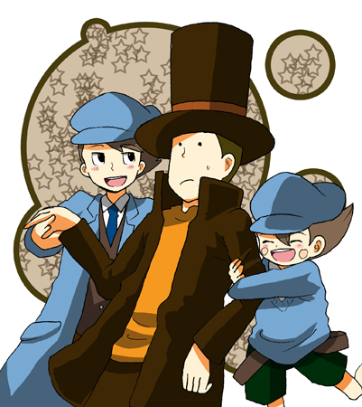 3boys belt black_eyes blush brown_hair clive closed_eyes coat future_luke hat hershel_layton holding_hands lowres luke_triton multiple_boys necktie open_mouth professor_layton shorts stars sweatdrop time_paradox top_hat