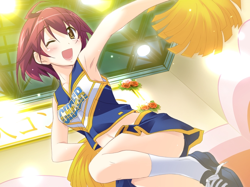 brown_eyes brown_hair cheerleader dutch_angle game_cg hand_on_hip hitoyume kurashima_tomoyasu midriff pom_poms sakakibara_miku short_hair skirt wink