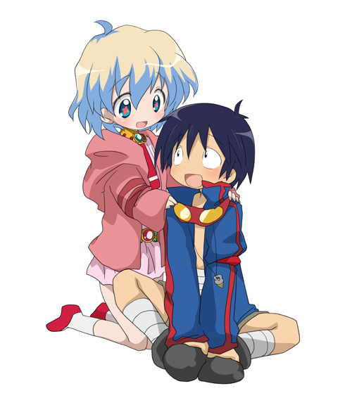 bandage blue_hair chibi dress goggles goggles_around_neck jacket multicolored_hair nia_teppelin open_mouth pink_dress short_hair simon tengen_toppa_gurren_lagann youri19