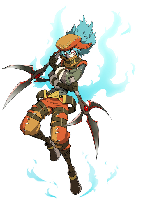 .hack//link aqua_hair azure_kite bandage bandages belt blade crazy_eyes dual_swords dual_wield dual_wielding fire hat long_hair official_art stare stitches strap tattoo