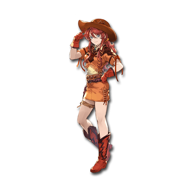 1girl belt blue_eyes boots cowboy_boots gemini_sunrise gloves granblue_fantasy hand_on_hip hat knee_boots long_hair looking_at_viewer minaba_hideo miniskirt official_art redhead sakura_taisen short_sleeves skirt smile solo thigh_strap transparent_background