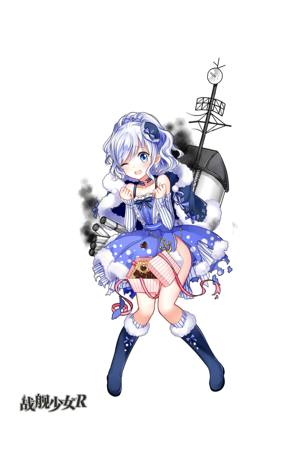 1girl alternate_costume anchor blue_boots blue_dress blue_eyes blue_hair blue_hat blue_ribbon blush boots box broken buttons capelet chocolate chocolate_heart choker collarbone copyright_name damaged detached_sleeves dress eyebrows_visible_through_hair full_body fur_trim gift gift_box hat heart highres knees_together_feet_apart long_sleeves looking_at_viewer machinery mana_(418208360) matching_hair/eyes mini_hat official_art one_eye_closed open_mouth polka_dot ponytail ribbon sigsbee_(zhan_jian_shao_nyu) silver_hair simple_background smoke smokestack socks solo standing tears teeth text torn_clothes torpedo zhan_jian_shao_nyu