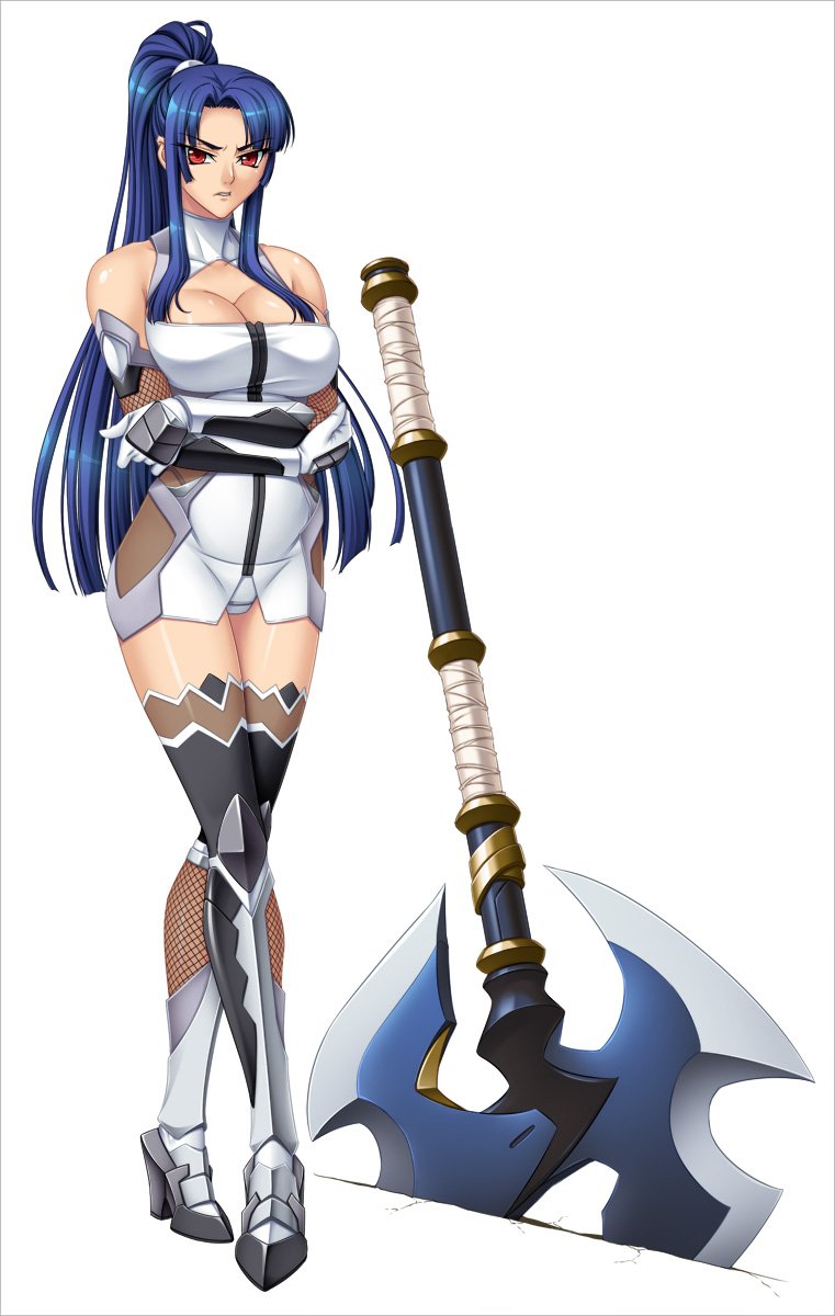 1girl axe bare_shoulders battle_axe blue_hair bodysuit boots breasts cleavage crossed_arms curvy dress elbow_gloves female full_body gloves highres huge_weapon kagami_hirotaka large_breasts long_hair looking_at_viewer no_bra panties ponytail red_eyes serious shiny_skin short_dress simple_background solo source_request standing taimanin_(series) taimanin_asagi taimanin_asagi_3 taimanin_murasaki thigh-highs underwear weapon yatsu_murasaki