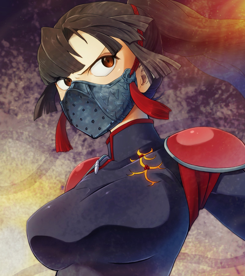 1girl abiko_yuuji bodysuit breasts brown_eyes brown_hair face_mask inuyasha long_hair mask medium_breasts ponytail sango shoulder_pads