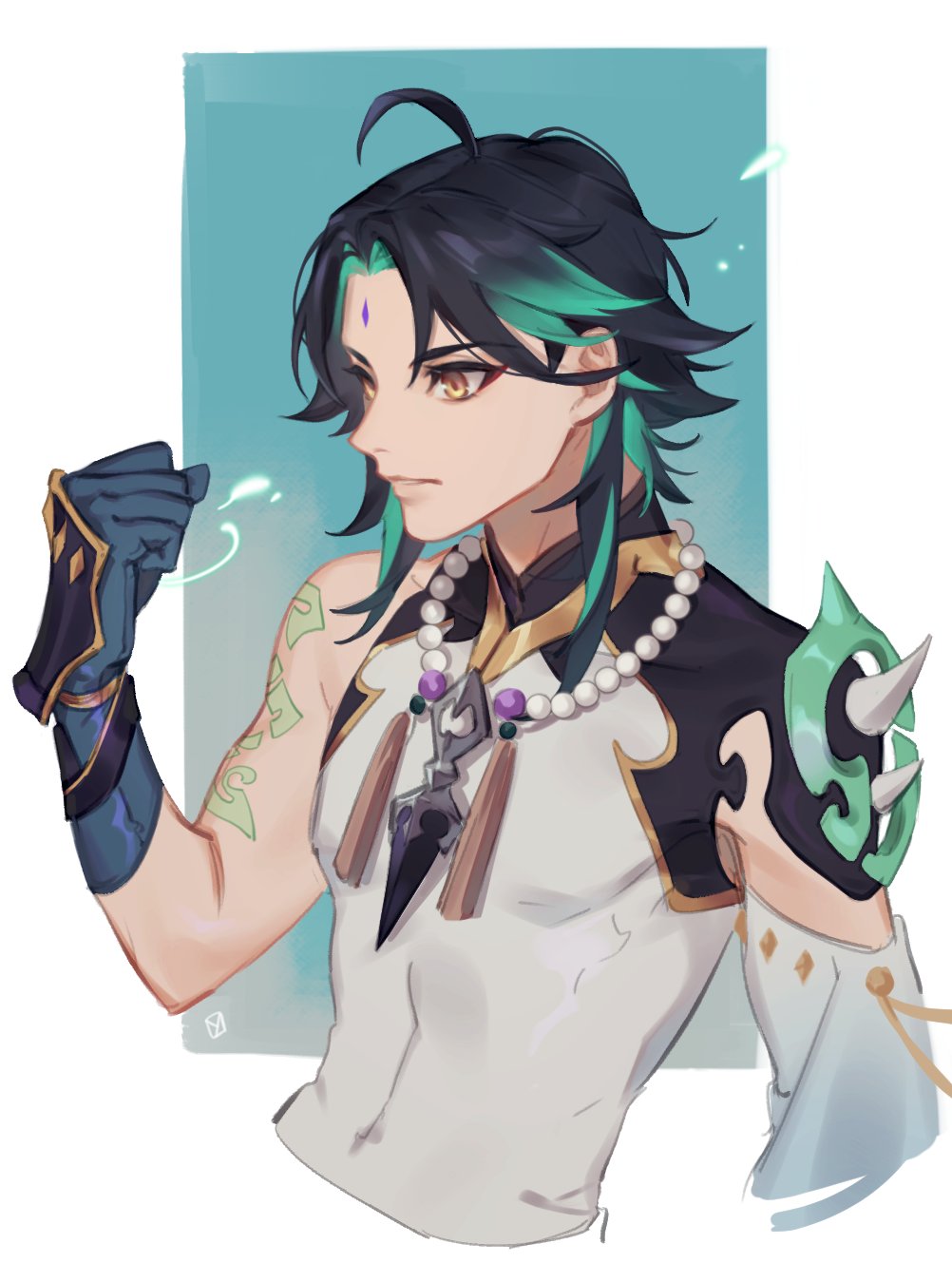 1boy ahoge arm_tattoo armor asymmetrical_clothes bead_necklace beads black_hair clenched_hand cropped_torso facial_mark forehead_mark genshin_impact green_hair highres jewelry k_young03 male_focus multicolored_hair necklace shoulder_armor simple_background sleeveless solo spikes tassel tattoo upper_body xiao_(genshin_impact) yellow_eyes