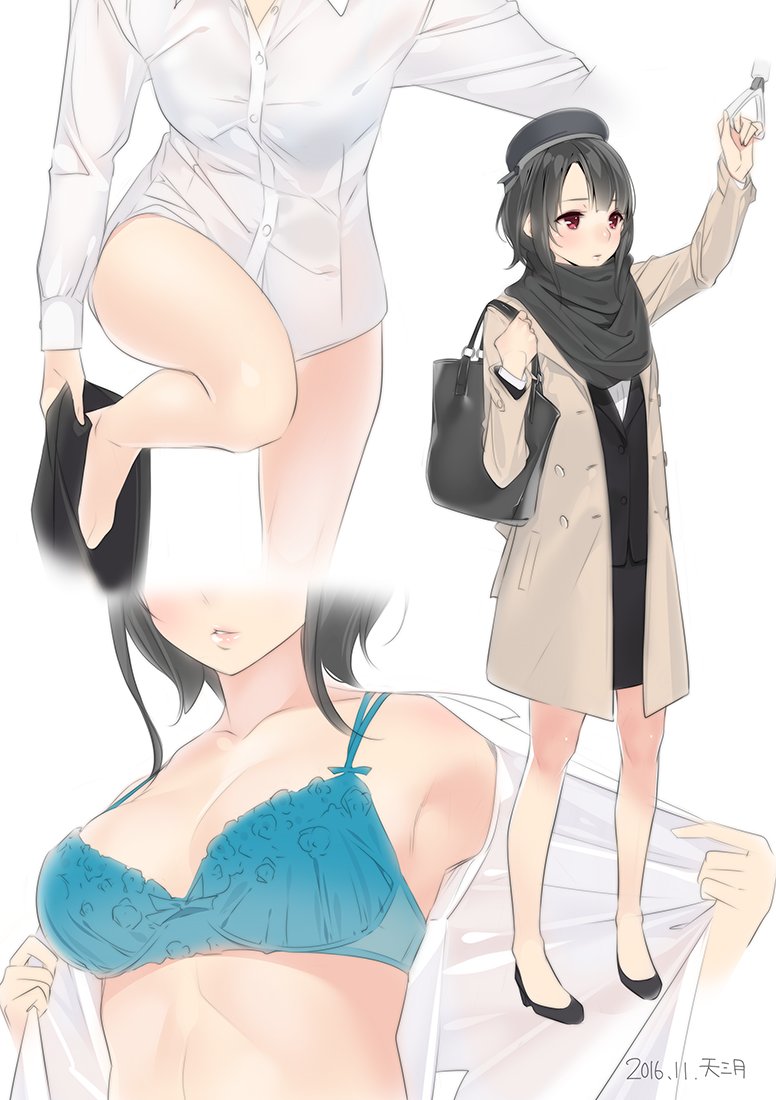 1girl alternate_costume ama_mitsuki arm_up armpits beret black_hair black_jacket black_scarf black_skirt blouse blue_bra bra breasts casual coat collarbone commentary_request dated formal full_body hat high_heels jacket kantai_collection leaning_forward leg_lift lips looking_at_viewer looking_away medium_breasts miniskirt open_blouse open_clothes parted_lips pencil_skirt red_eyes scarf short_hair skirt standing standing_on_one_leg takao_(kantai_collection) thighs underwear undressing upper_body white_blouse winter_clothes winter_coat