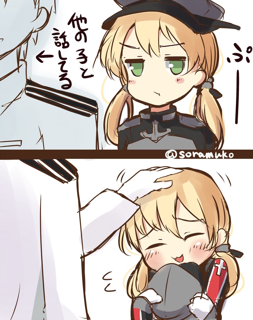 1boy 1girl :3 admiral_(kantai_collection) blonde_hair blush comic curled_up german hand_on_another's_head hand_on_head hat kantai_collection military_uniform partially_colored petting prinz_eugen_(kantai_collection) soramuko translated uniform upper_body white_background