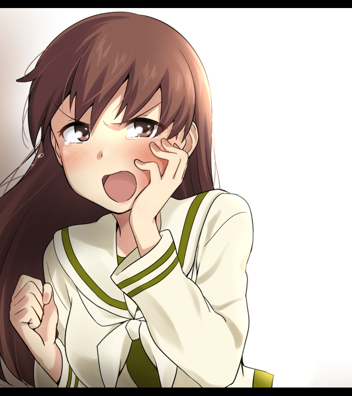 &gt;:d 1girl :d angry bangs blunt_bangs blush brown_hair clenched_hand gradient gradient_background hand_on_own_cheek ikari_manatsu kantai_collection letterboxed long_hair looking_at_viewer neckerchief ooi_(kantai_collection) open_mouth remodel_(kantai_collection) school_uniform serafuku smile solo tearing_up upper_body