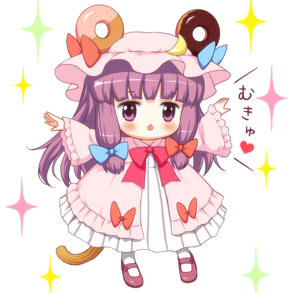 1girl :3 animal_ears bebeneko chibi doughnut food hat long_hair looking_at_viewer mary_janes mob_cap mouse_ears mouse_tail open_mouth patchouli_knowledge purple_hair shoes solo sparkle tail touhou translation_request