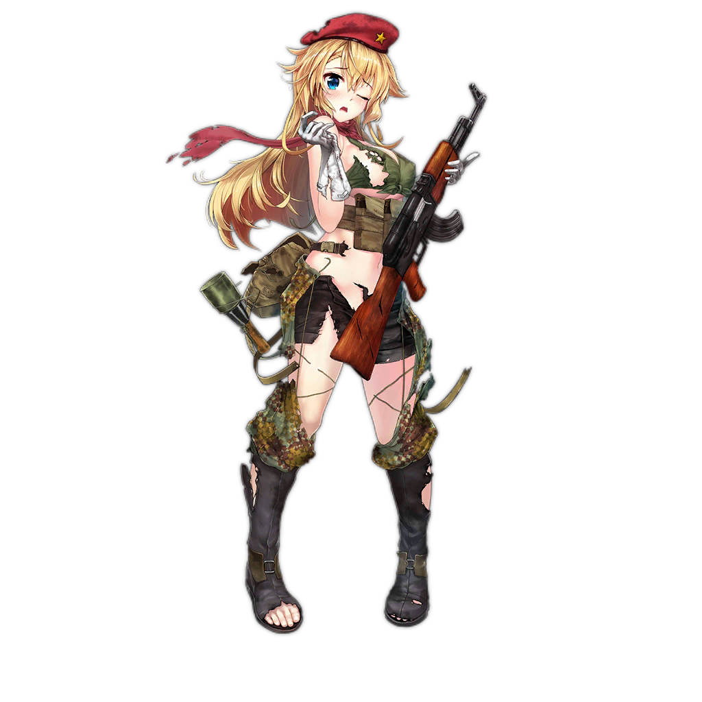 1girl ak47_(girls_frontline) beret blonde_hair blue_eyes blush boots breasts bullet d; explosive full_body girls_frontline gloves grenade gun hammer_and_sickle hat long_hair looking_at_viewer magazine_(weapon) official_art one_eye_closed open_mouth rifle scarf shorts tattoo torn_clothes torn_shorts transparent_background weapon