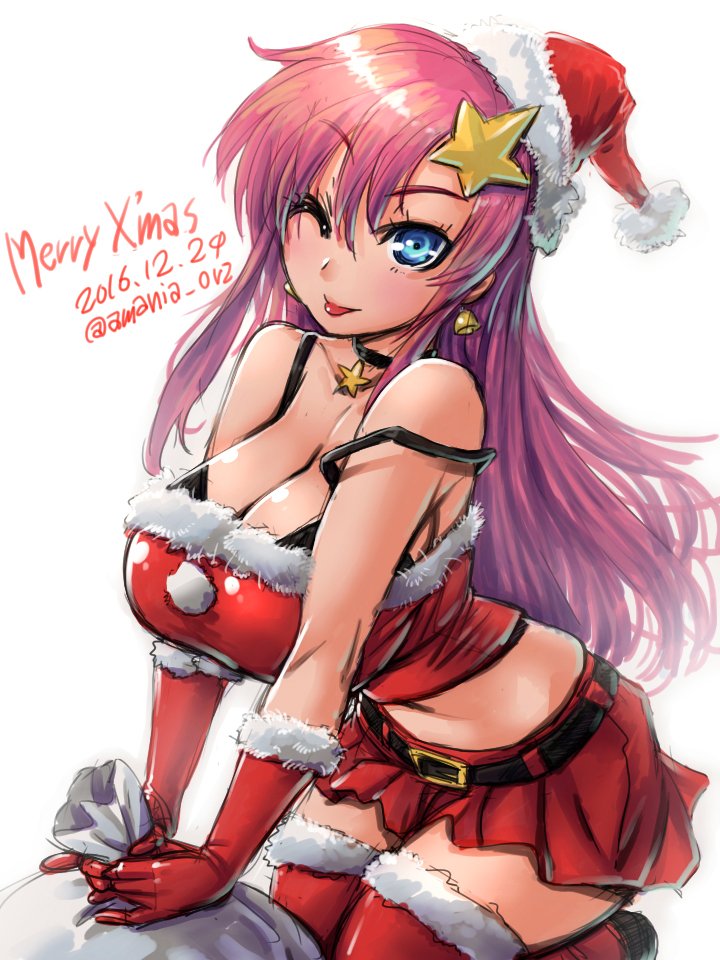 1girl ;p amania_orz bare_shoulders bell bell_earrings belt blue_eyes breasts buckle choker christmas cleavage collarbone crop_top dated earrings fur-trimmed_gloves fur-trimmed_legwear fur_trim gloves gundam gundam_seed gundam_seed_destiny hair_ornament hat jewelry large_breasts long_hair meer_campbell merry_christmas one_eye_closed pink_hair red_gloves red_legwear red_skirt sack santa_costume santa_gloves santa_hat shiny shiny_hair sidelocks skirt solo star star_hair_ornament strap_slip thigh-highs tongue tongue_out twitter_username