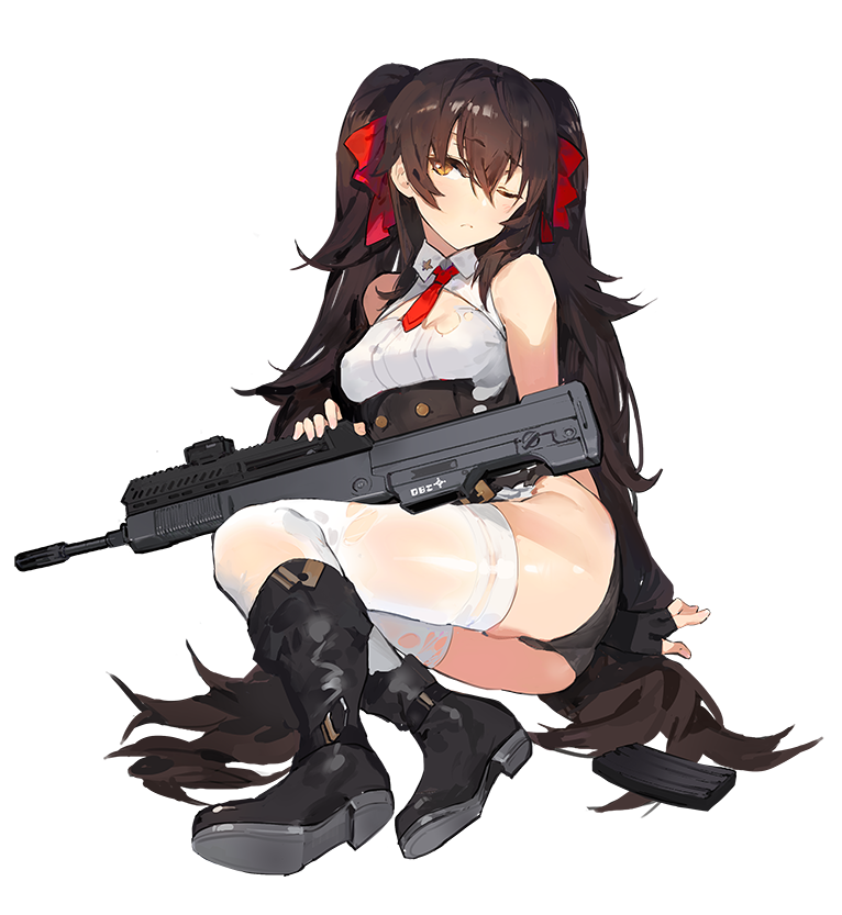 1girl arms_behind_back belt black_boots black_gloves black_hair black_panties blush boots breasts brown_eyes cleavage eyebrows eyebrows_visible_through_hair fingerless_gloves full_body girls_frontline gloves hair_between_eyes hair_ribbon head_tilt leaning_to_the_side long_twintails looking_to_the_side magazine_(weapon) medium_breasts necktie official_art one_eye_closed panties personification qbz-97 qbz-97_(girls_frontline) red_ribbon ribbon sitting solo strap thigh-highs torn_clothes torn_thighhighs transparent_background twintails underwear white_legwear