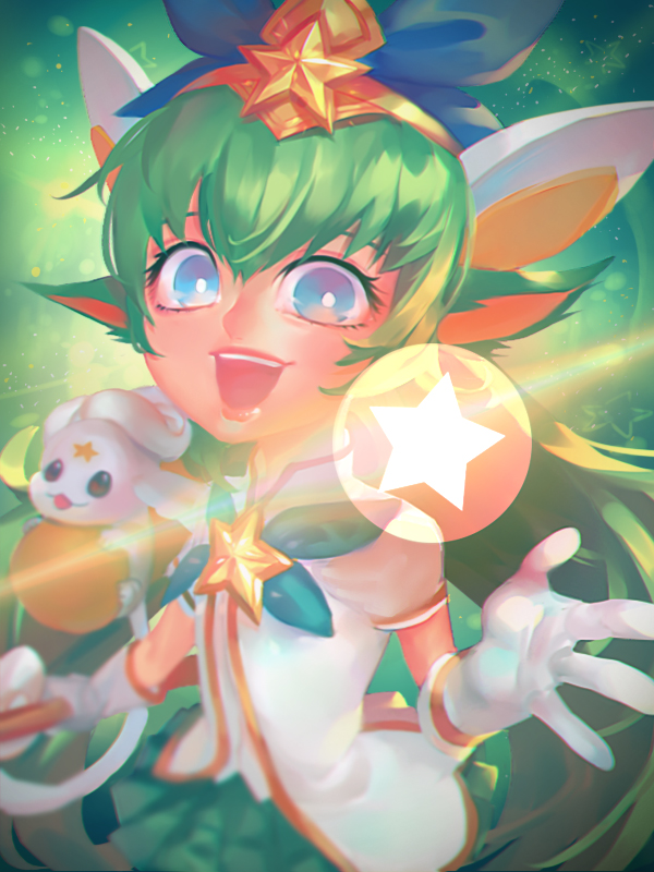 1girl :d backlighting blue_bow blurry blush bow colored_eyelashes creature depth_of_field green_hair green_skirt hair_bow hair_ornament holding holding_staff league_of_legends leng light_particles looking_at_viewer lulu_(league_of_legends) magic magical_girl open_mouth palms pleated_skirt shirt short_sleeves skirt smile staff star star_guardian_lulu star_hair_ornament upper_body white_shirt yordle