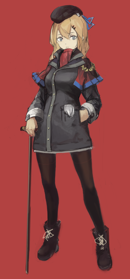 1girl beret black_legwear blonde_hair boots cane capelet coat full_body gloves_removed grey_eyes hair_between_eyes hair_ornament hairclip hand_in_pocket hat long_hair looking_at_viewer original red_background red_scarf scarf simple_background solo standing walkure_(mikudearest)