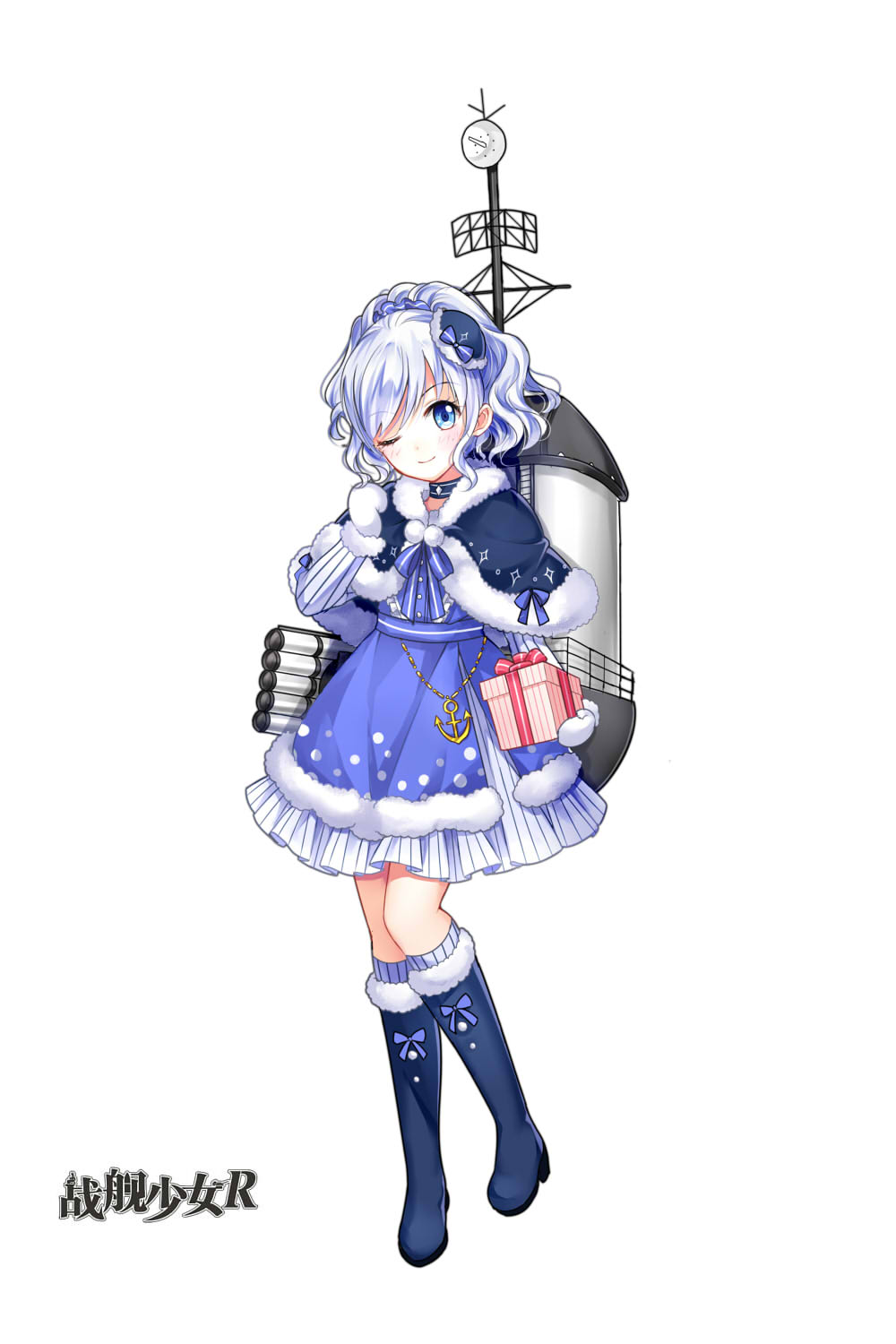 1girl alternate_costume anchor blue_boots blue_dress blue_eyes blue_hair blue_hat blue_ribbon blush boots box capelet choker closed_mouth copyright_name dress eyebrows_visible_through_hair full_body fur_trim gift gift_box gloves hat highres holding holding_gift long_sleeves looking_at_viewer machinery mana_(418208360) matching_hair/eyes mini_hat mittens official_art one_eye_closed polka_dot ponytail ribbon sigsbee_(zhan_jian_shao_nyu) silver_hair simple_background smile smokestack socks solo standing text torpedo white_gloves zhan_jian_shao_nyu