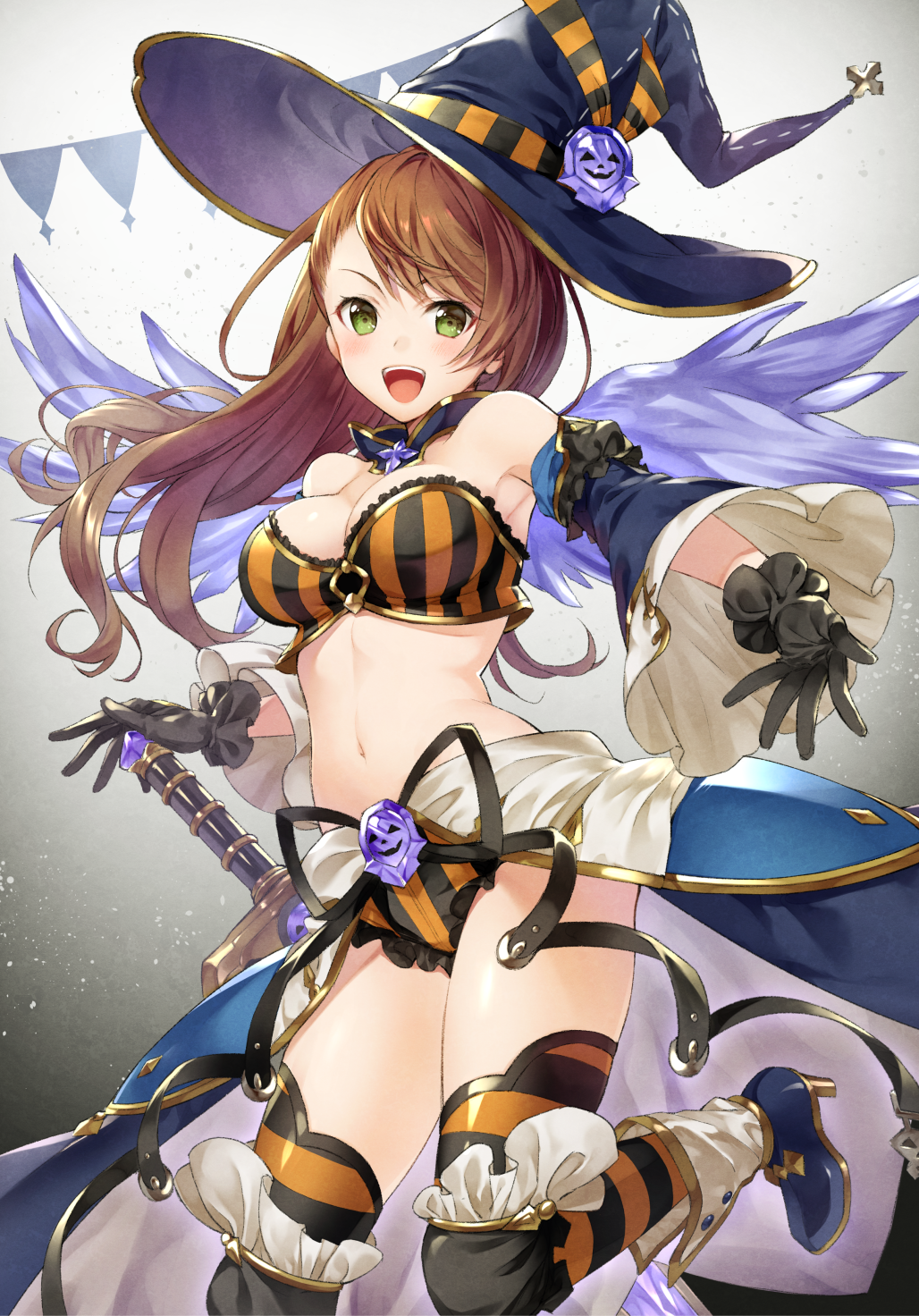 &gt;:d 1girl :d alternate_costume armor asymmetrical_bangs bangs bare_shoulders beatrix_(granblue_fantasy) black_gloves blush boots bra breasts brown_hair cleavage commentary detached_collar detached_sleeves floating_hair gloves granblue_fantasy green_eyes halloween halloween_costume hat high_heel_boots high_heels highres hips holding holding_sword holding_weapon large_breasts long_hair looking_at_viewer midriff navel open_mouth outstretched_arm shorts smile solo striped striped_legwear sword teeth thigh-highs thighs tokki underwear vertical-striped_bra vertical-striped_shorts vertical_stripes wavy_hair weapon wings witch_hat