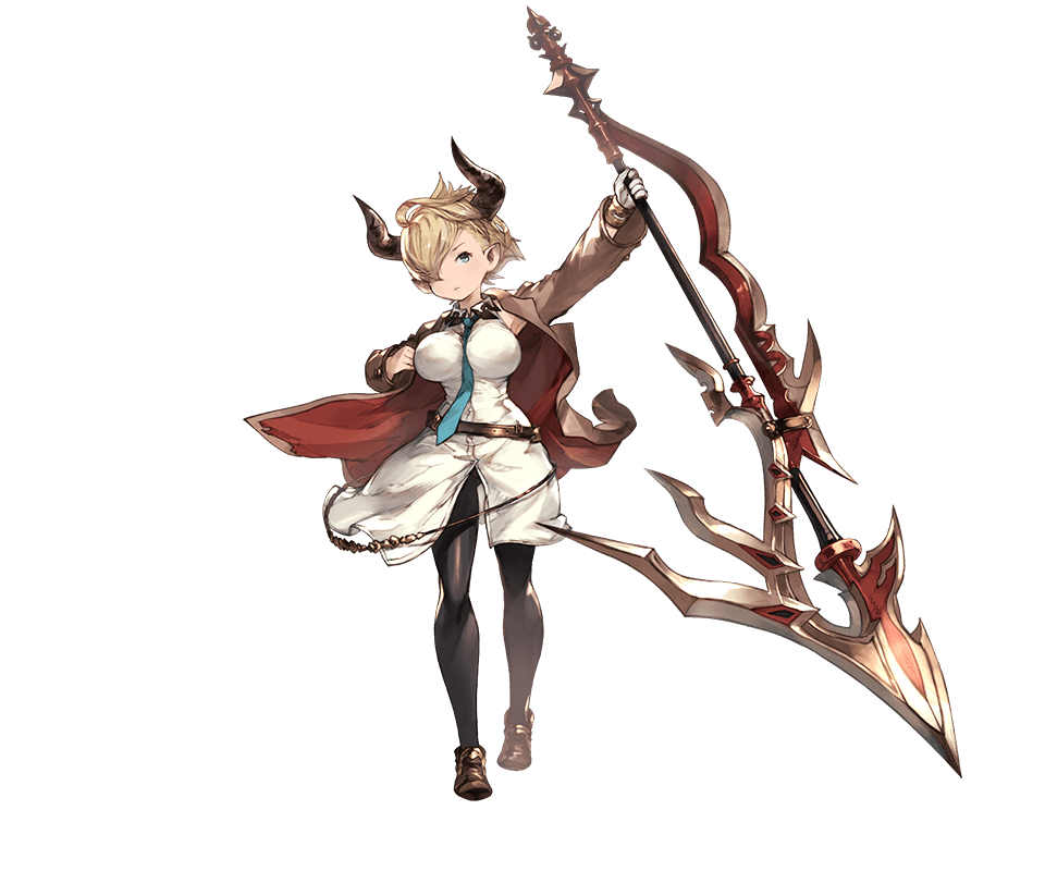 1girl belt blonde_hair blue_eyes breasts full_body gloves granblue_fantasy hair_over_one_eye holding holding_weapon horns huge_weapon jacket laguna_(granblue_fantasy) large_breasts looking_at_viewer minaba_hideo necktie pantyhose pointy_ears shoes short_hair skirt solo transparent_background weapon
