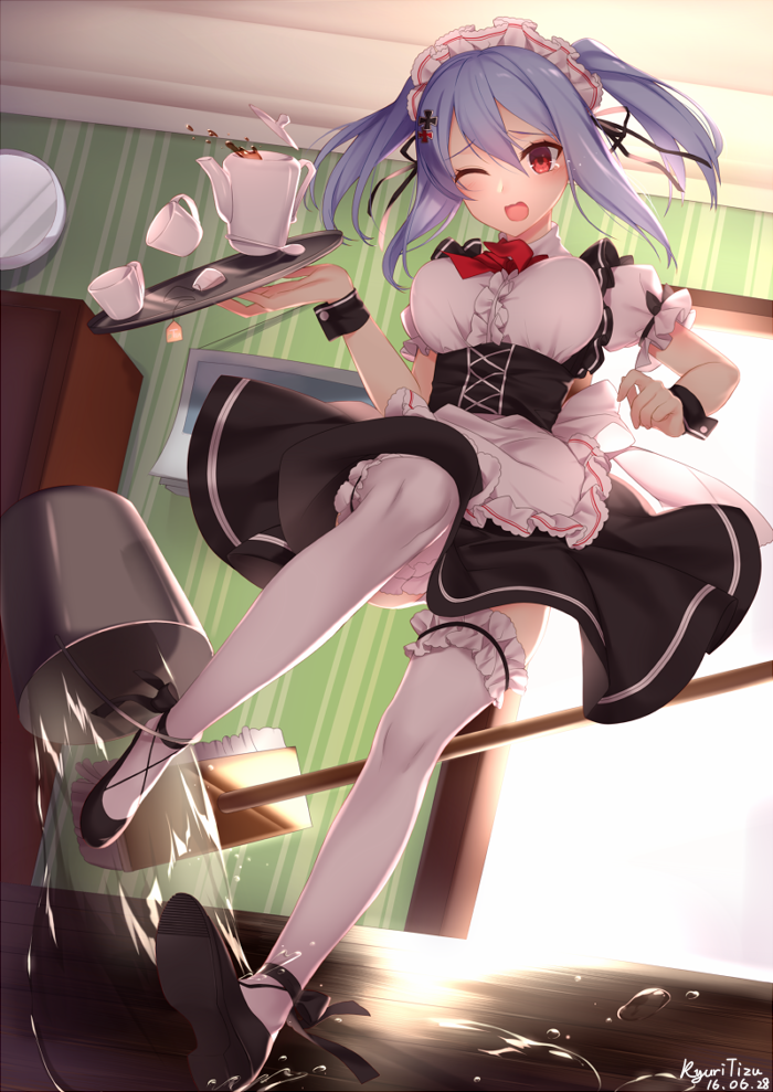 1girl 2016 ankle_ribbon apron artist_name bangs black_ribbon black_shoes black_skirt blue_hair breasts bucket calendar_(object) ceiling center_frills cleaning_brush clock closet cross-laced_footwear cross_hair_ornament cup dated dutch_angle eyelashes floating_hair floor frilled_apron frilled_sleeves frills garters hair_ornament hair_ribbon hairband holding holding_tray indoors iron_cross kyuri_(405966795) leg_up looking_at_viewer maid maid_headdress medium_breasts one_eye_closed open_mouth prinz_eugen_(zhan_jian_shao_nyu) puffy_short_sleeves puffy_sleeves red_eyes ribbon shoes short_sleeves side_ponytail skirt solo spill surprised tea tea_set teabag teacup teapot tears teaspoon thigh-highs tray tripping twintails under_boob wallpaper wallpaper_(object) water wavy_mouth white_apron white_legwear wooden_floor wrist_cuffs zhan_jian_shao_nyu