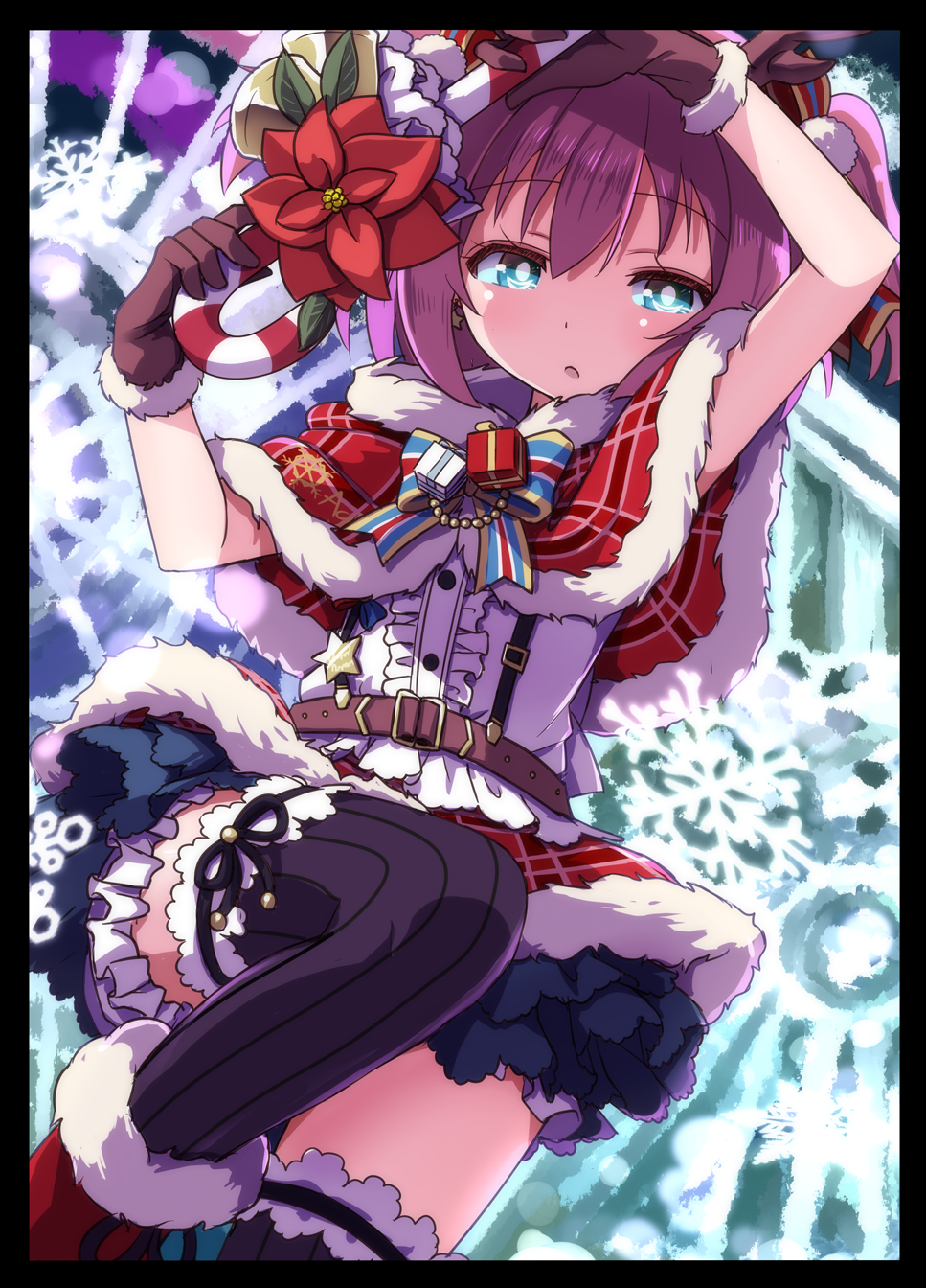 1girl aqua_eyes bangs belt black_border border bow bowtie box candy candy_cane center_frills commentary_request flower food fur-trimmed_boots fur-trimmed_gloves fur_trim gift gift_box highres jingle_bells_ga_tomaranai kurosawa_ruby looking_at_viewer love_live! love_live!_sunshine!! poinsettia pom_pom_(clothes) redhead ribbon shikei_(jigglypuff) skirt snowflakes solo striped striped_bow striped_bowtie striped_legwear suspenders thigh-highs thigh_ribbon two_side_up vertical-striped_legwear vertical_stripes