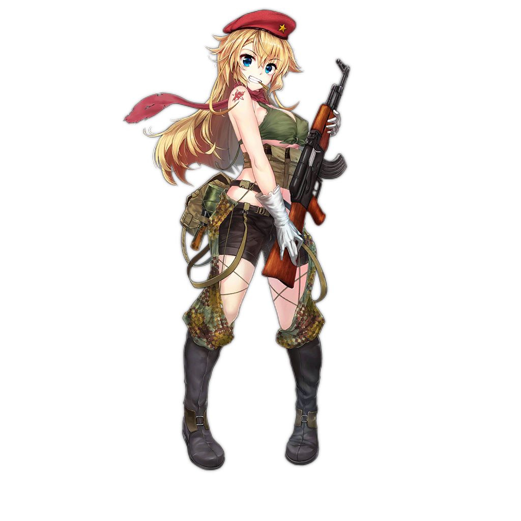 1girl ak47_(girls_frontline) beret blonde_hair blue_eyes boots bullet explosive full_body girls_frontline gloves grenade gun hammer_and_sickle hat looking_at_viewer magazine_(weapon) mouth_hold official_art rifle scarf shorts tattoo transparent_background weapon