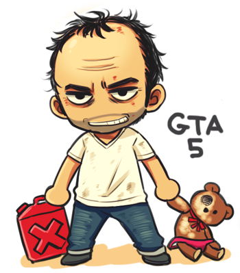 1boy chibi copyright_name dirty_clothes facial_hair gas_can grand_theft_auto grand_theft_auto_v grin jerry_can kemuma lowres male_focus smile stubble stuffed_animal stuffed_toy teddy_bear trevor_philips