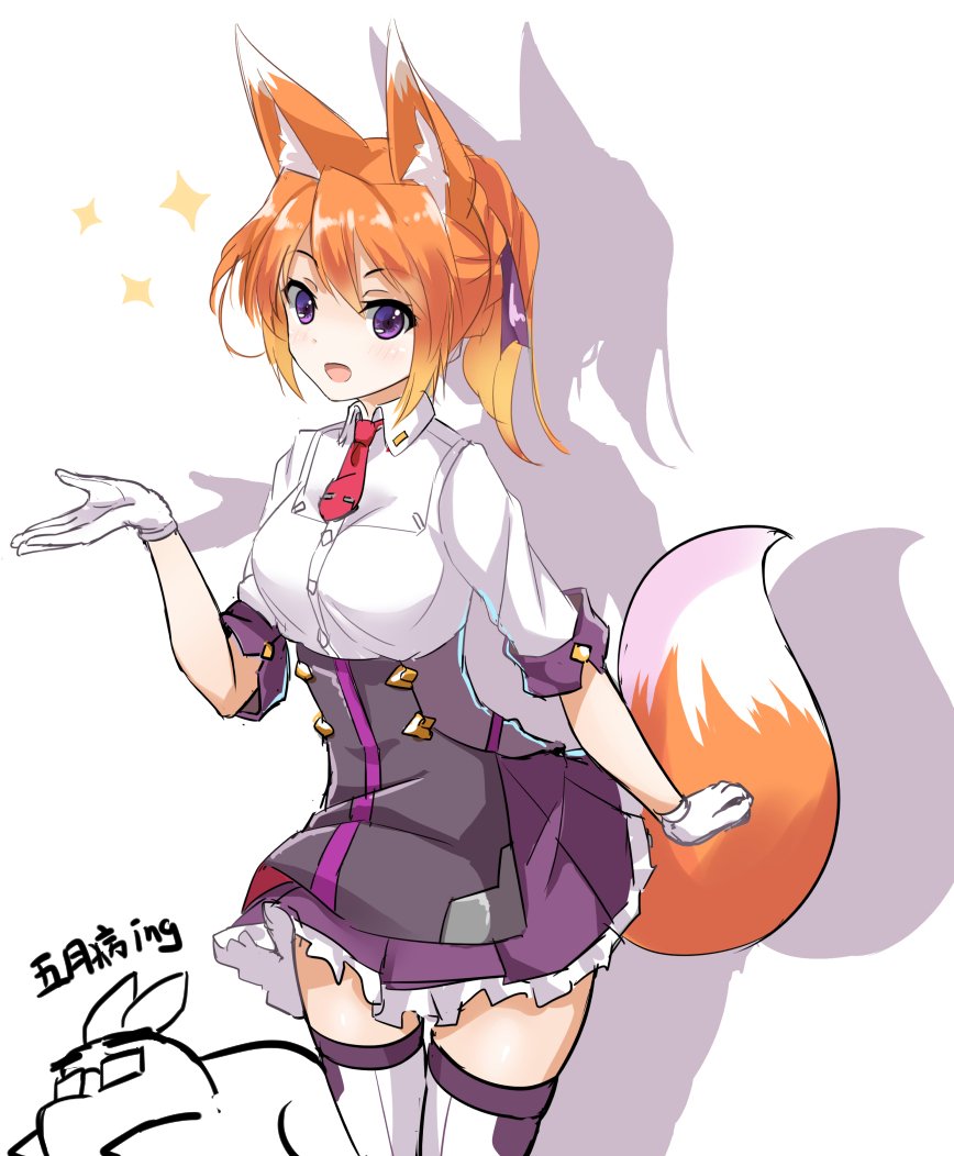 1girl :d animal_ears arm_at_side artist_self-insert blush breasts buttons collared_shirt dress dress_shirt fatkewell fox_ears fox_tail frilled_skirt frills glasses gloves gradient_hair high-waist_skirt leaning_forward looking_at_viewer medium_breasts multicolored_hair necktie open_mouth orange_hair panties ponytail purple_skirt red_necktie rika_eastre shadow shirt short_sleeves simple_background sketch skirt sleeve_cuffs smile sparkle standing tail tareme thigh-highs underwear violet_eyes white_background white_gloves white_legwear white_panties wing_collar zettai_ryouiki
